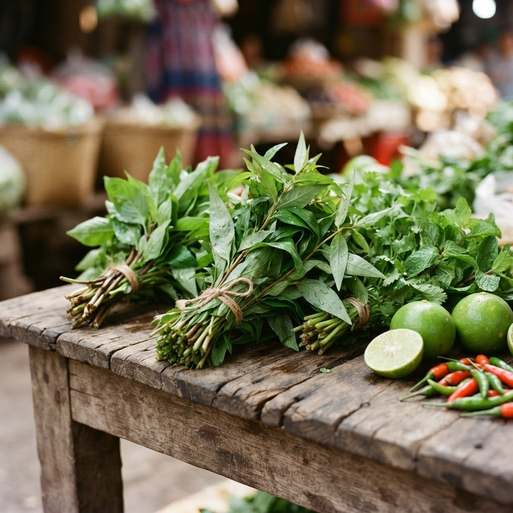 Fresh Vietnamese mint and herb bunches with limes and chillies on a market table