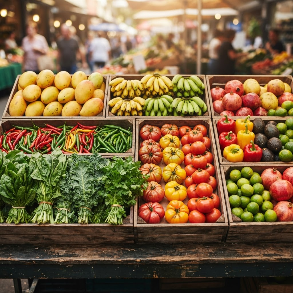 Colorful display of fresh fruit, vegetables and herbs at a market stall