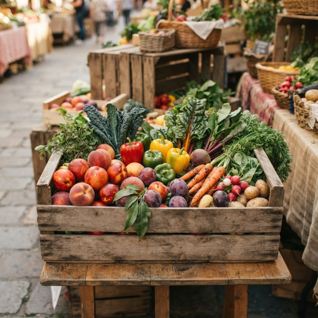 A wooden crate filled with a colorful mix of seasonal fruit and vegetables